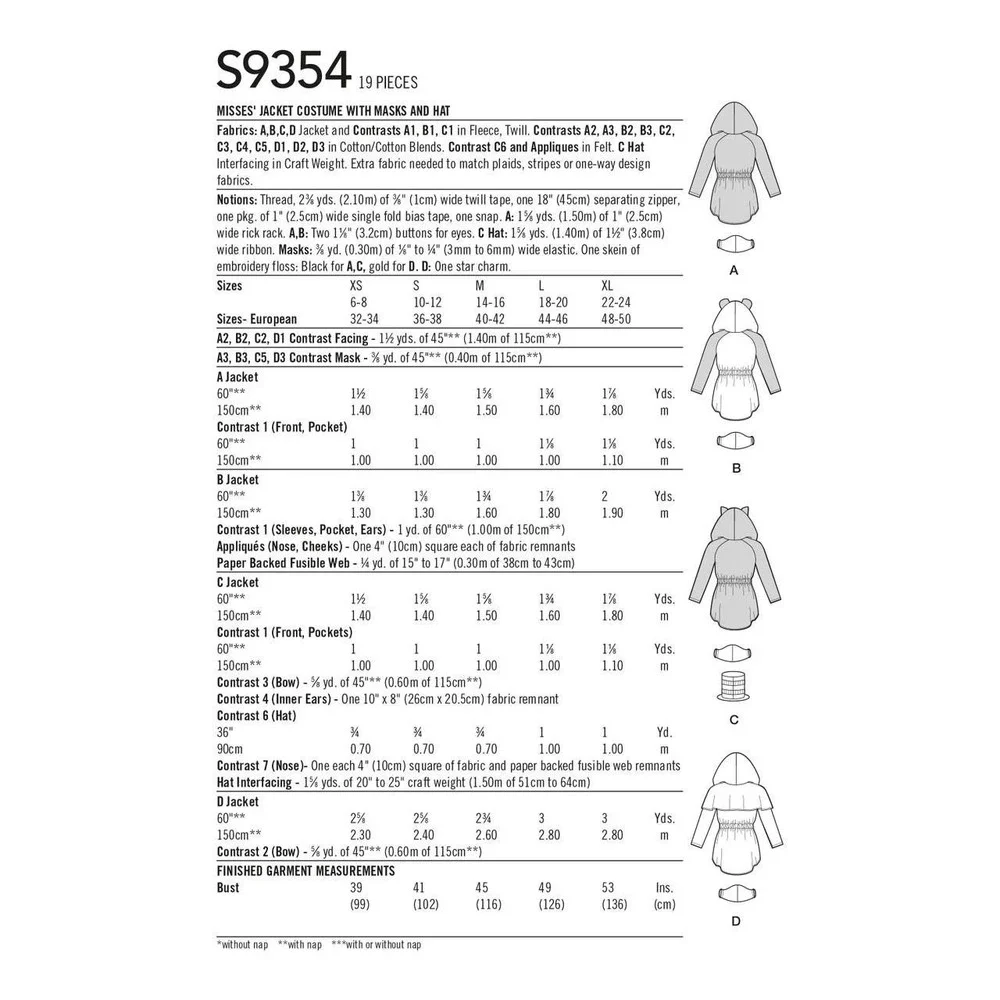 Simplicity Sewing Pattern 9354 R11147 Jacket Costume Masks Hat Misses Size XS-XL